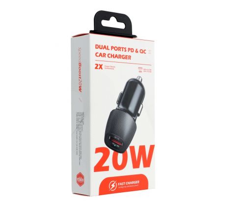 QWE CARBON nabíjačka do auta typ C 3.0 PD20W + USB QC3.0 18W 3A CC281-1A1C čierna (celkom 20W)